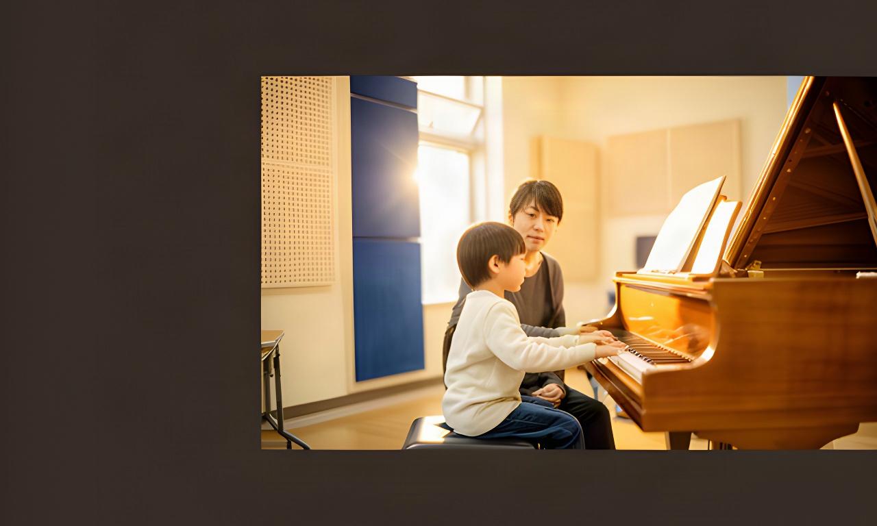 津市の音楽教室で講師が子どものピアノ演奏を見守る温かなレッスン風景
