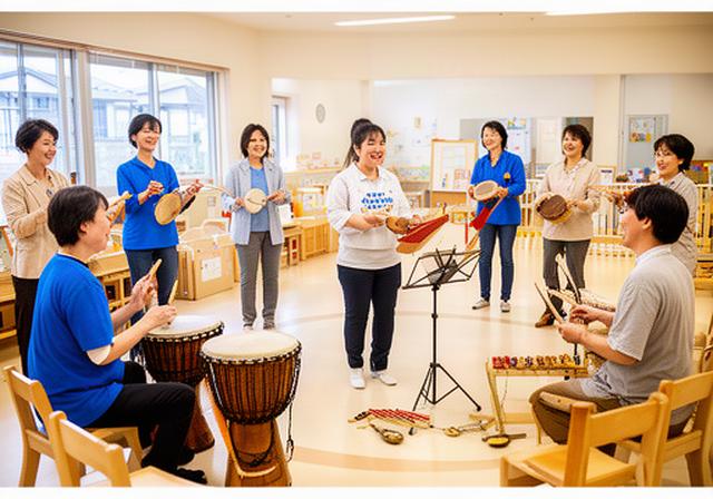 保育施設の広い部屋で講師と職員が楽器を使った音楽研修を行う様子