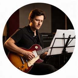 ギターを手にバンド譜を確認する現役ギタリスト講師