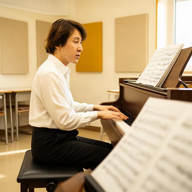 津市の明るい音楽教室でピアノを演奏する講師と楽譜