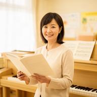 明るいピアノ教室で楽譜を持つ女性ピアノ講師