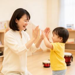 リトミック講師の小林結衣が子どもと手拍子を楽しむ様子