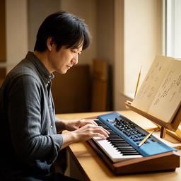 音楽理論講師の高橋駿が作曲用の鍵盤と譜面を見つめる様子