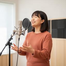ボーカル講師の藤井美咲がマイクスタンドの横で発声を指導する様子