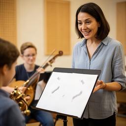 譜面台の前で生徒の演奏を確認する音楽教育講師