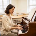 明るいピアノ教室でクラシック曲を指導する尋子 下舘先生