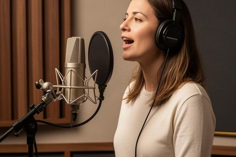 防音スタジオで発声を指導する女性ボーカル講師